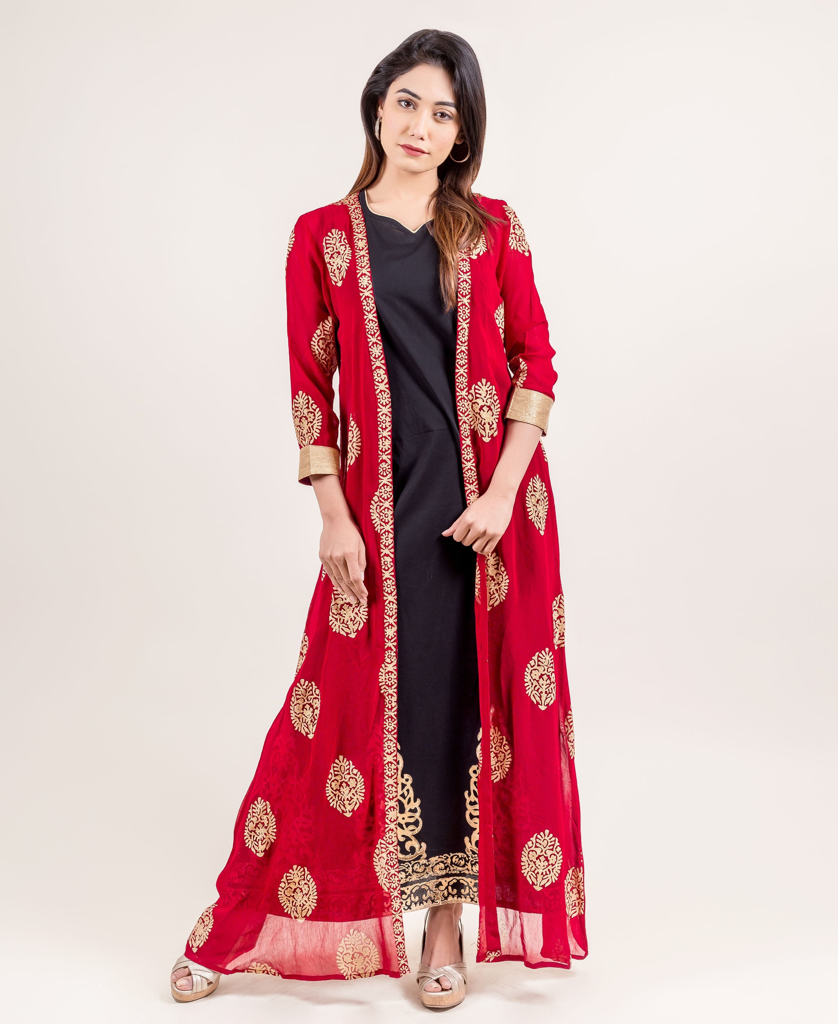 Gold Printed Designer Jacket Style Long Georgette Indo Western Dress - S Gold Printed Designer Jacket Style Long Georgette Indo Western Dress - S