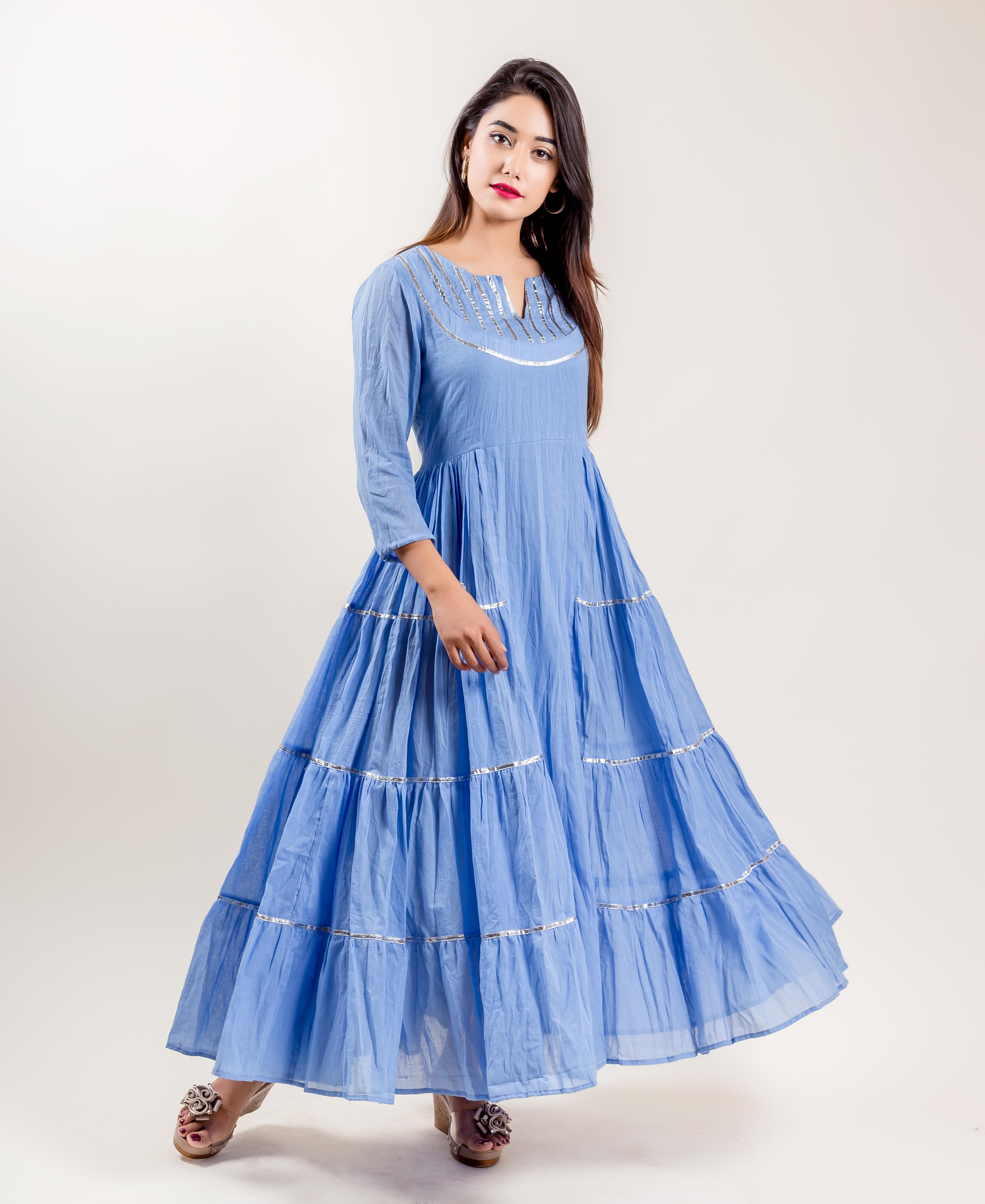Blue Cotton Tiered Indo Western Style Gown Dress - M Blue Cotton Tiered Indo Western Style Gown Dress - M