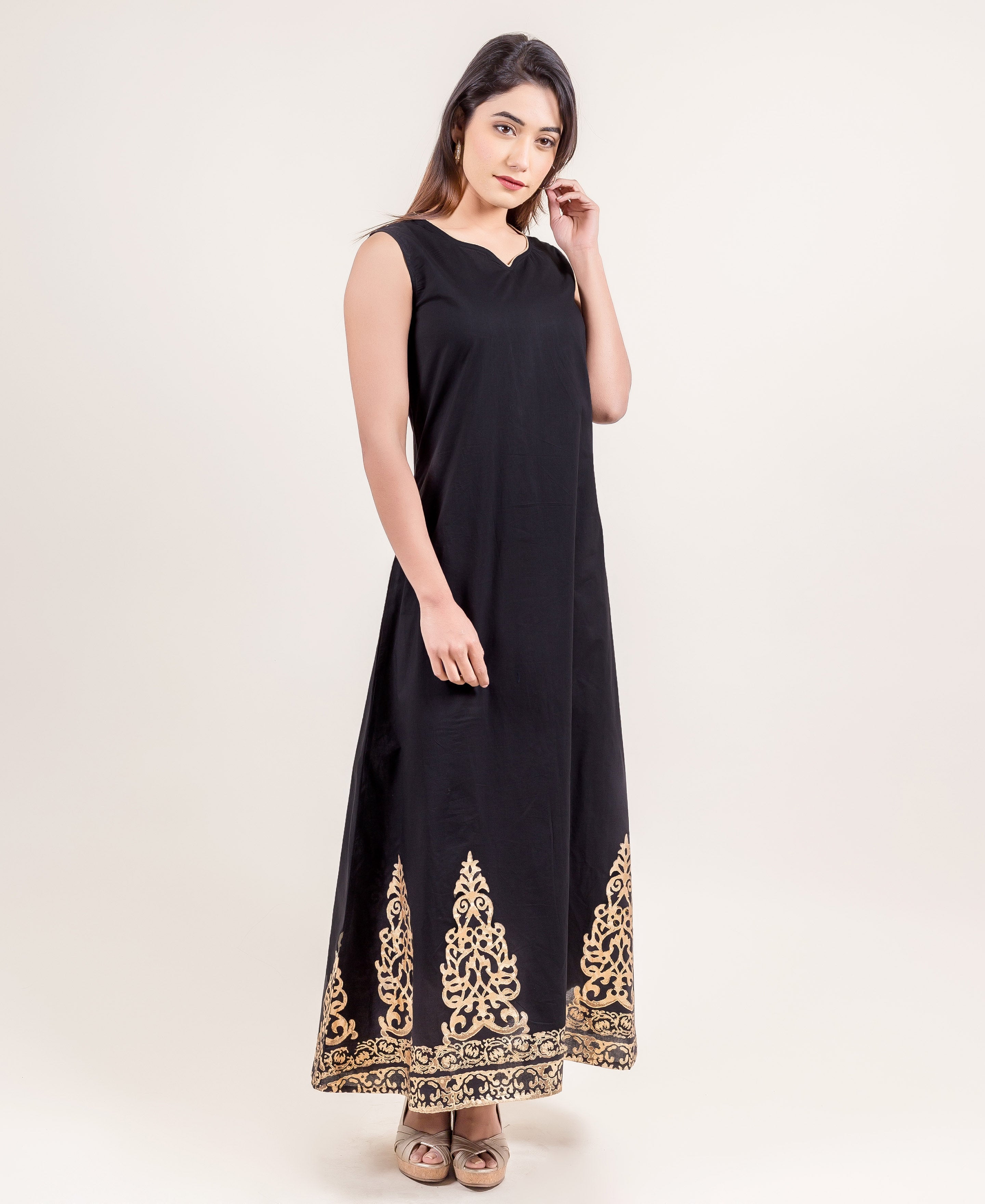 Gold Printed Designer Jacket Style Long Georgette Indo Western Dress - S Gold Printed Designer Jacket Style Long Georgette Indo Western Dress - S