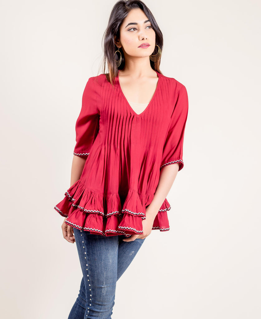 Embroidered Rayon Frilled Rust Top