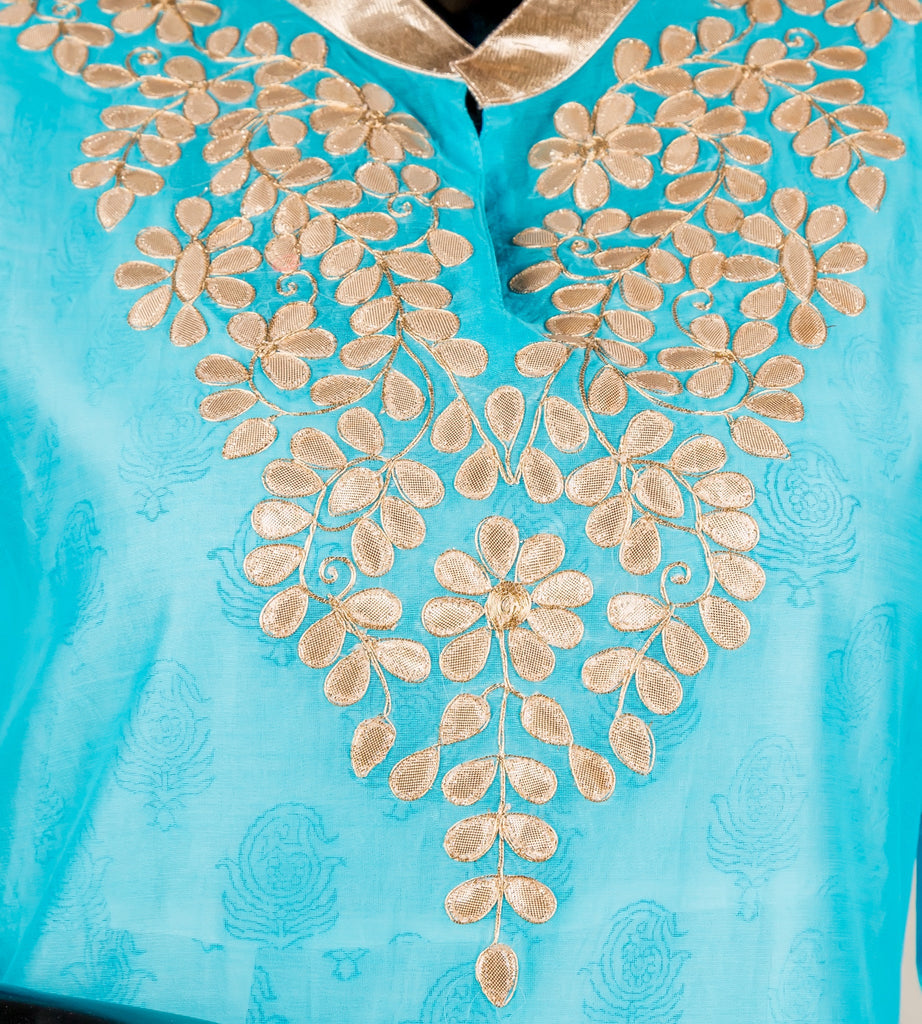 Hand Block Printed Indo Western Style Gotta Patti Embroidered Kurta Dress