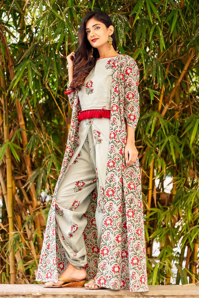 cotton printed sleeveless dhoti set with tops and jacket