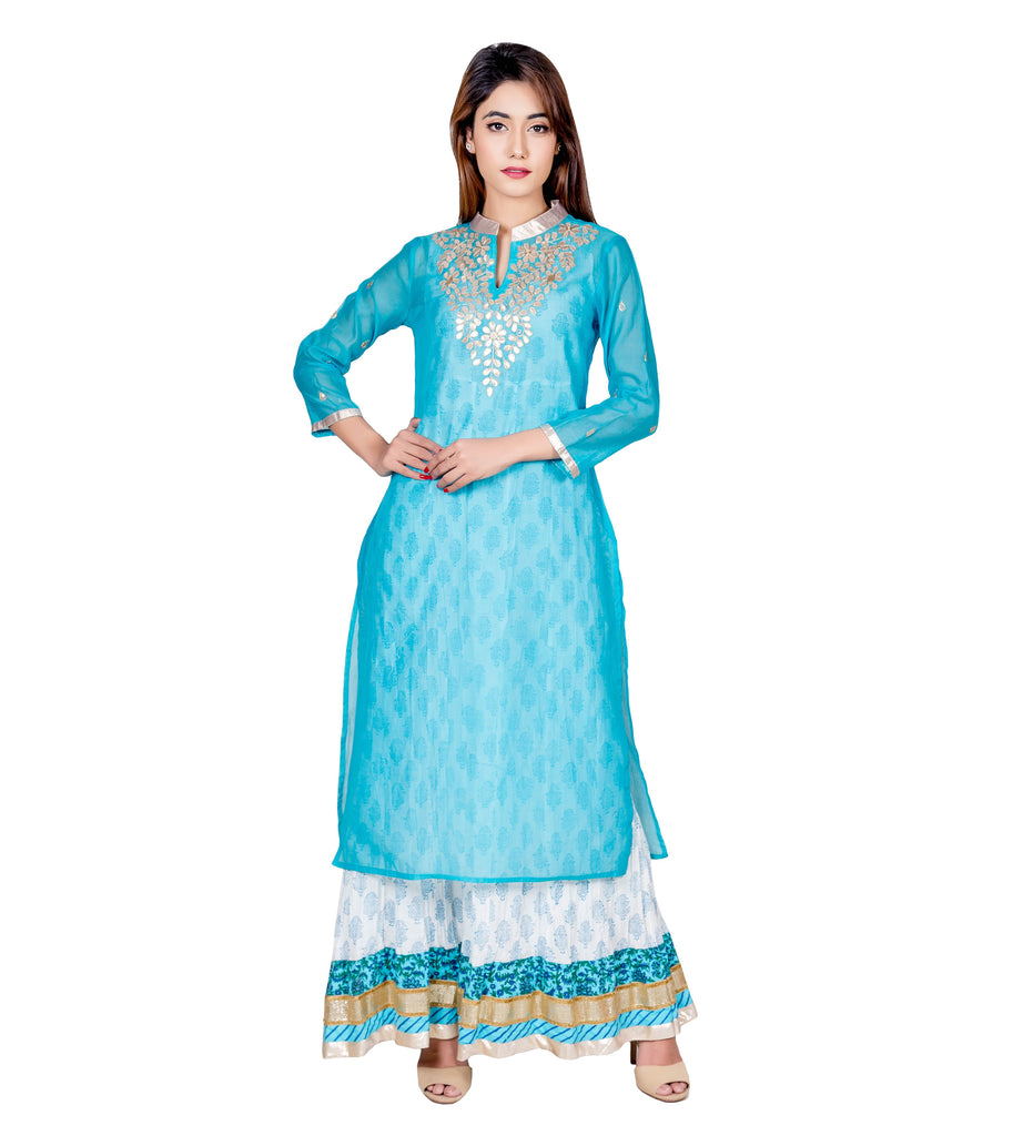 Turquoise Hand Block Printed Floor Length Indo Western Dress for Womens