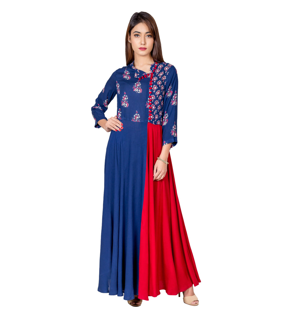 Blue and Red Hand Block Printed Indo Western Long Dress