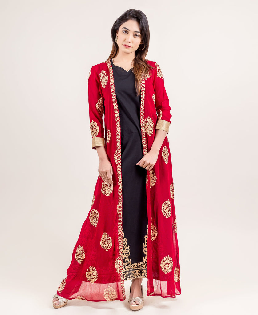 Fresh And Sassy Designer Jacketed Long Dress With Gold Prints