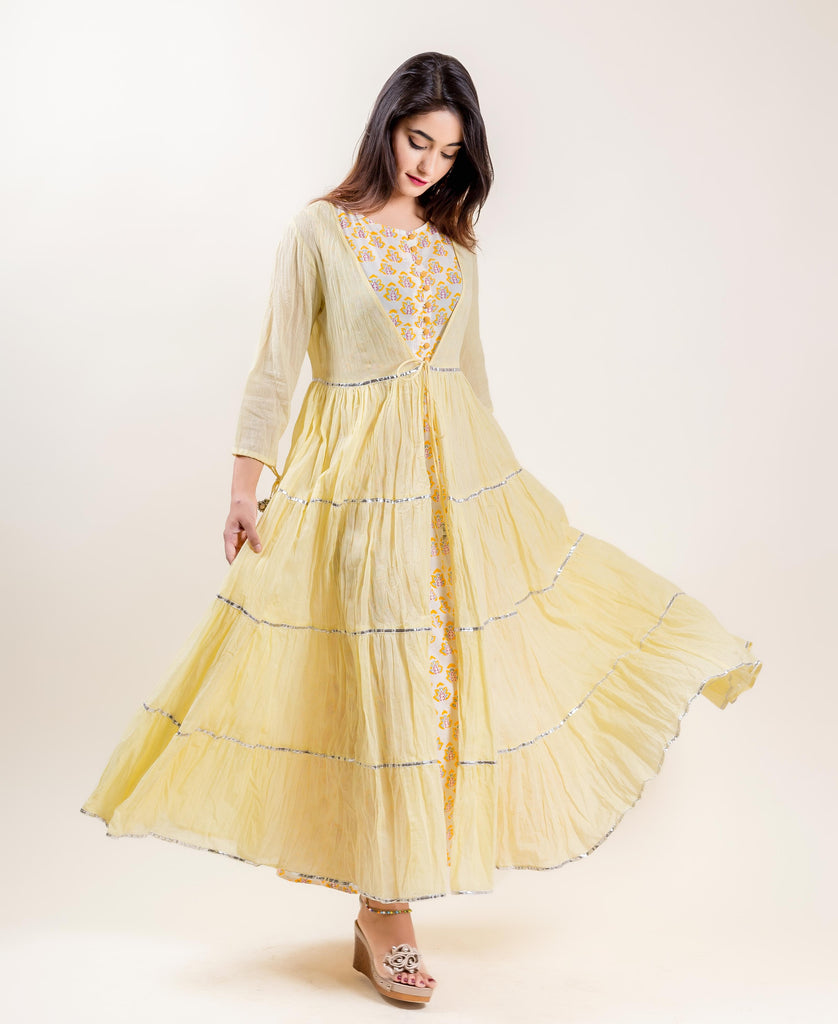 Cotton Hand Block Printed Lemon Long Designer Tiered Dresses
