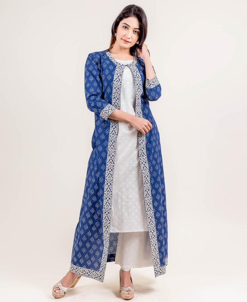 Blue Hand Block Printed Indo Western Dress with Long Jacket